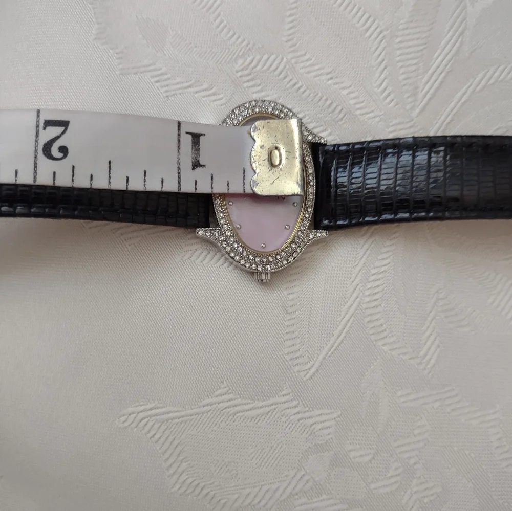 Cache Oval Crystals Pink Mother Of Pearl Watch Lizard Black Leather Strap